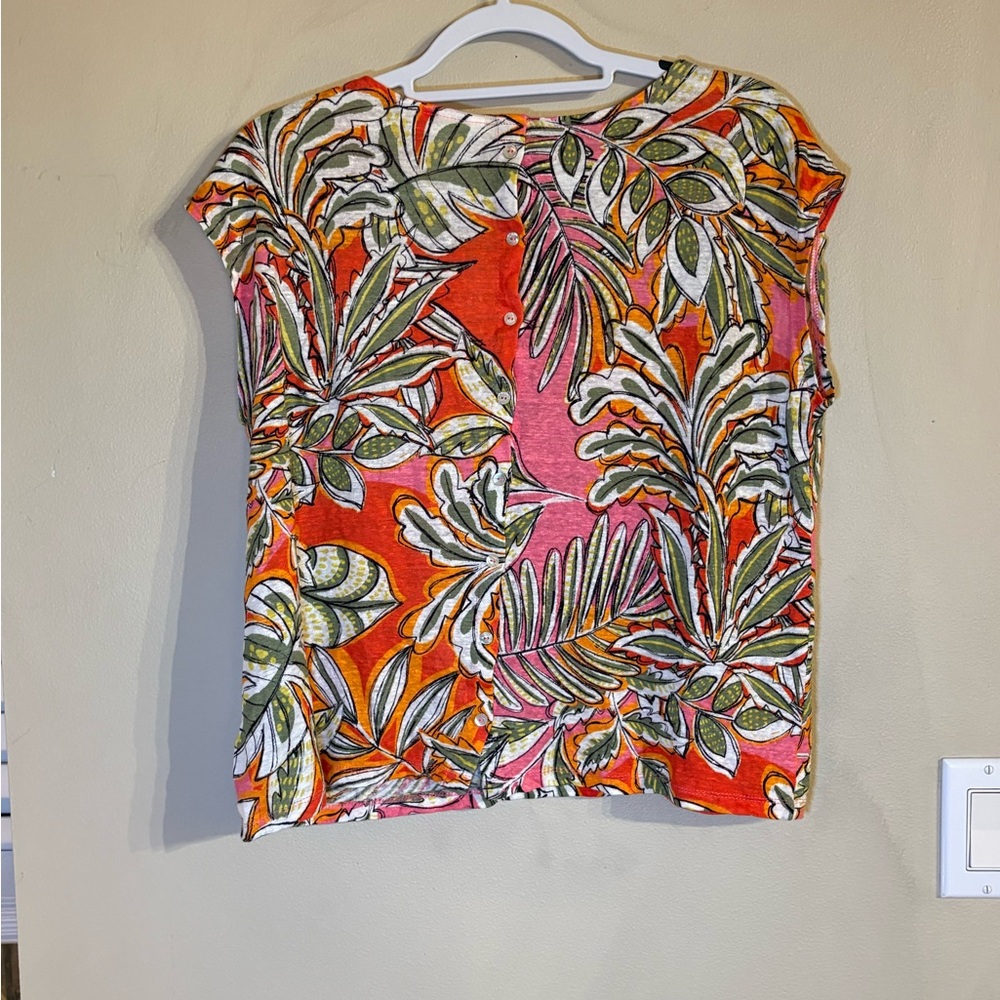 CC California 100% Linen Tropical Floral Print Short Sleeve Blouse Shirt Top - Picture 4 of 10